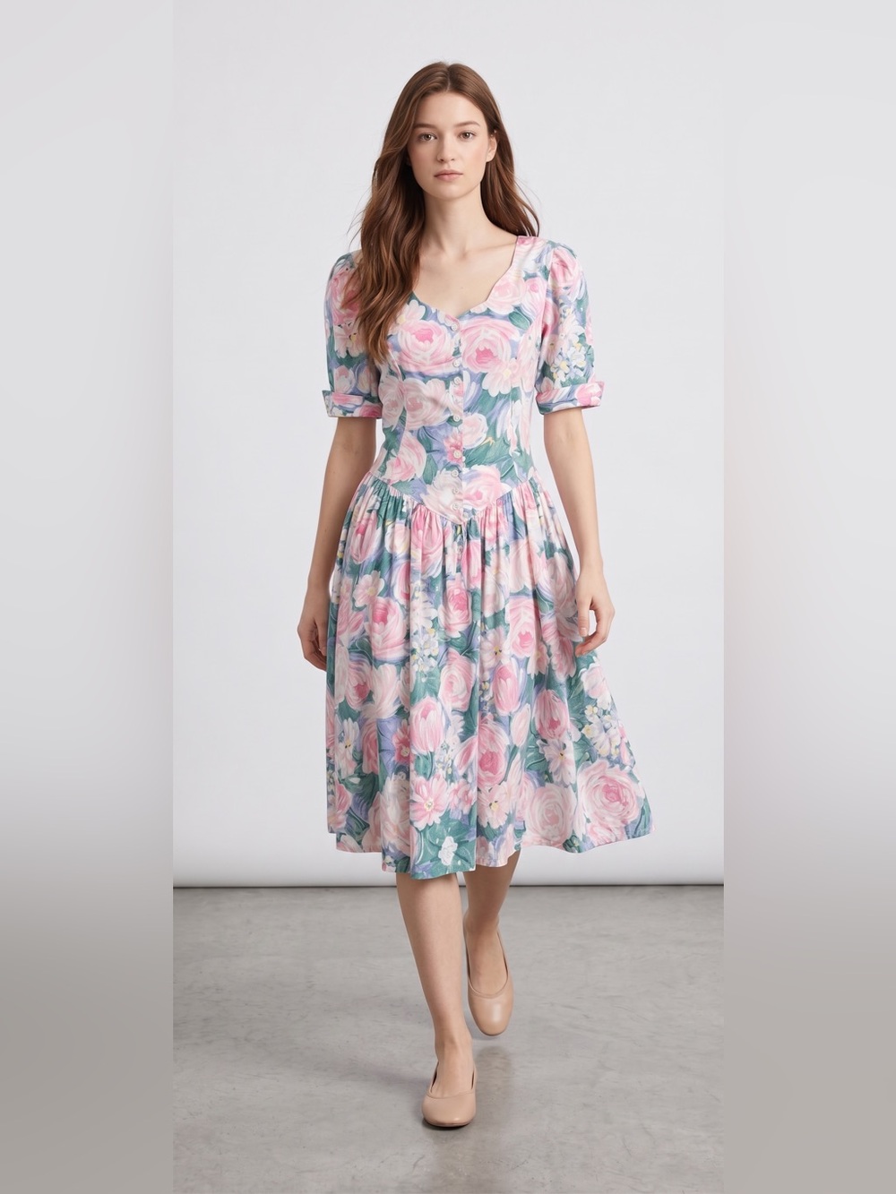 Vintage Cottagecore Paquette Made in USA gorgeous coquette feminine midi dress.